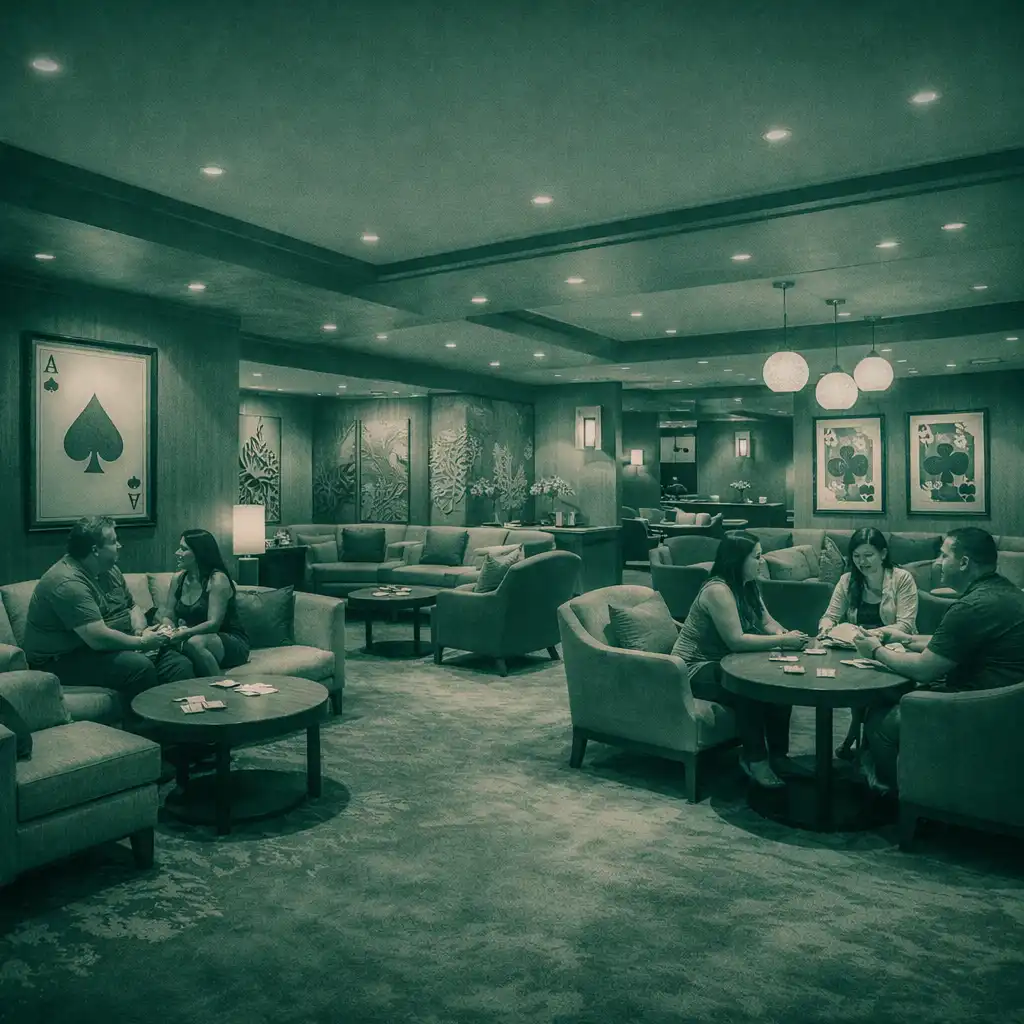Interior of the Card Lounge with comfortable seating and card-themed decor