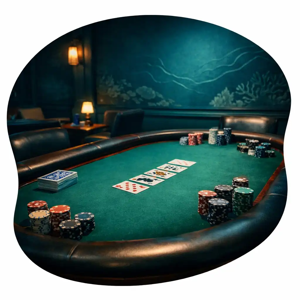 A physical poker table with cards and chips in the Card Lounge