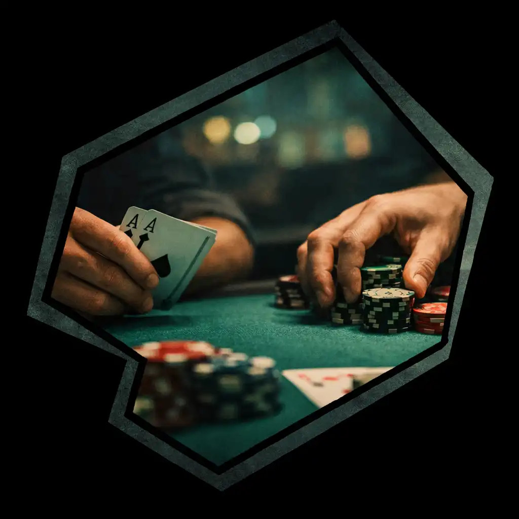 Close-up of hands on a poker table, one holding cards and another reaching for chips