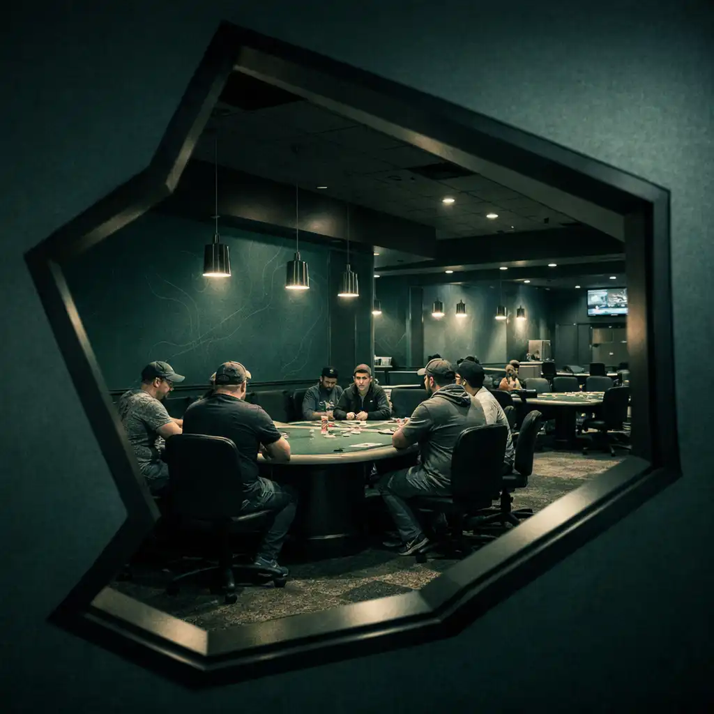 Interior of the dedicated Poker Room with several poker tables and players engaged in a game