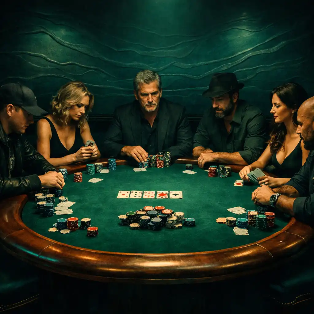 Players seated around a full physical poker table with green felt and wooden rail in a dimly lit room