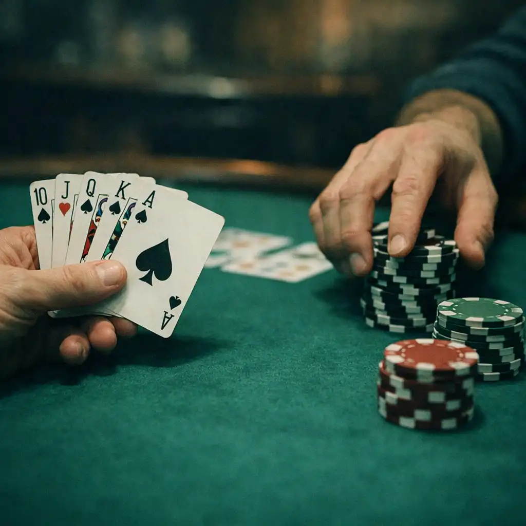 Hands of two players holding cards and reaching for chips on a green felt poker table