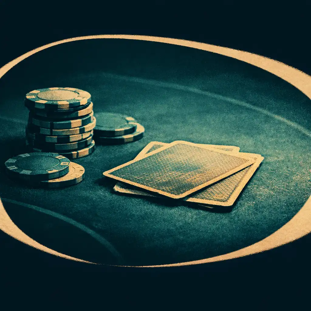 Close-up of poker chips and playing cards face down on a green felt table