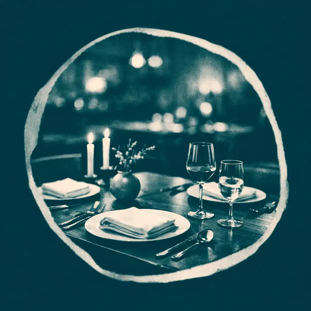 Quiet dining table set for a meal in a contemporary restaurant with warm low lighting