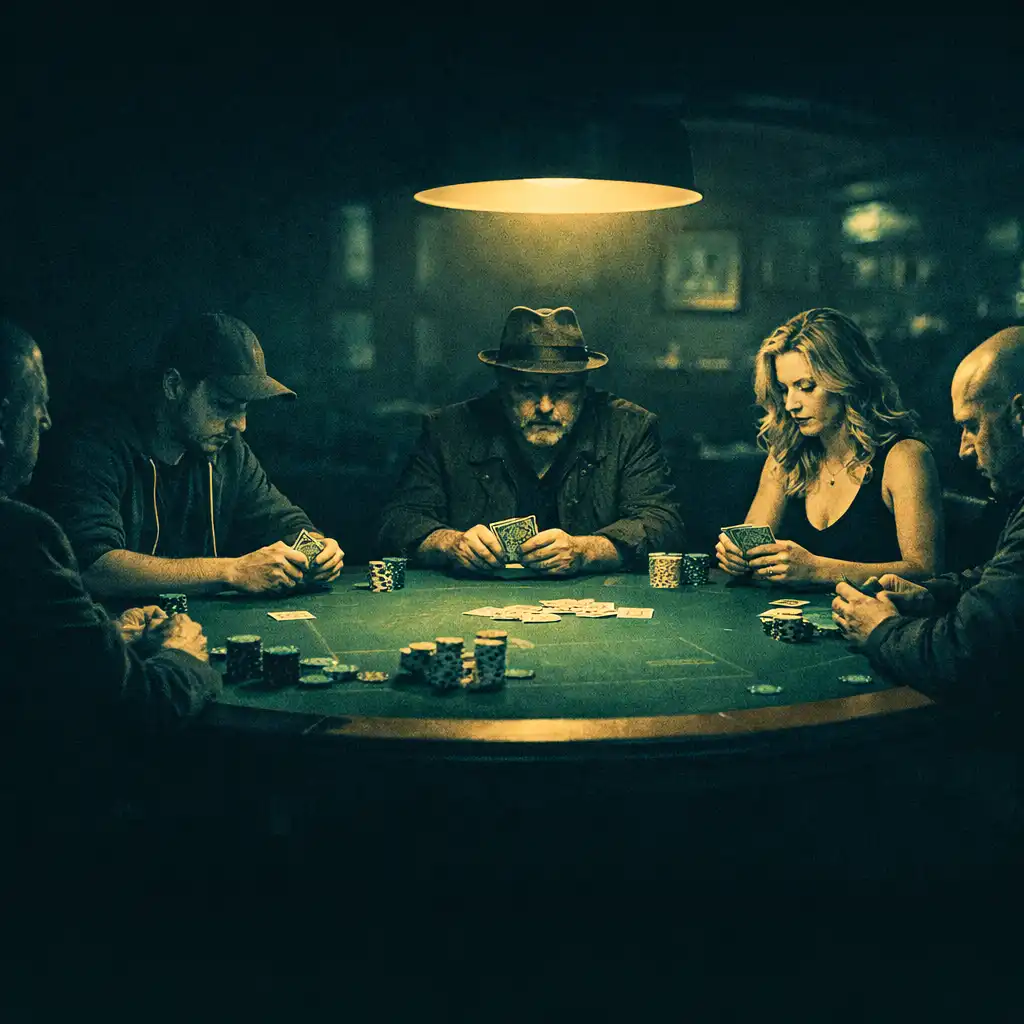 Players seated around a full poker table in a dimly lit room, focused on their cards