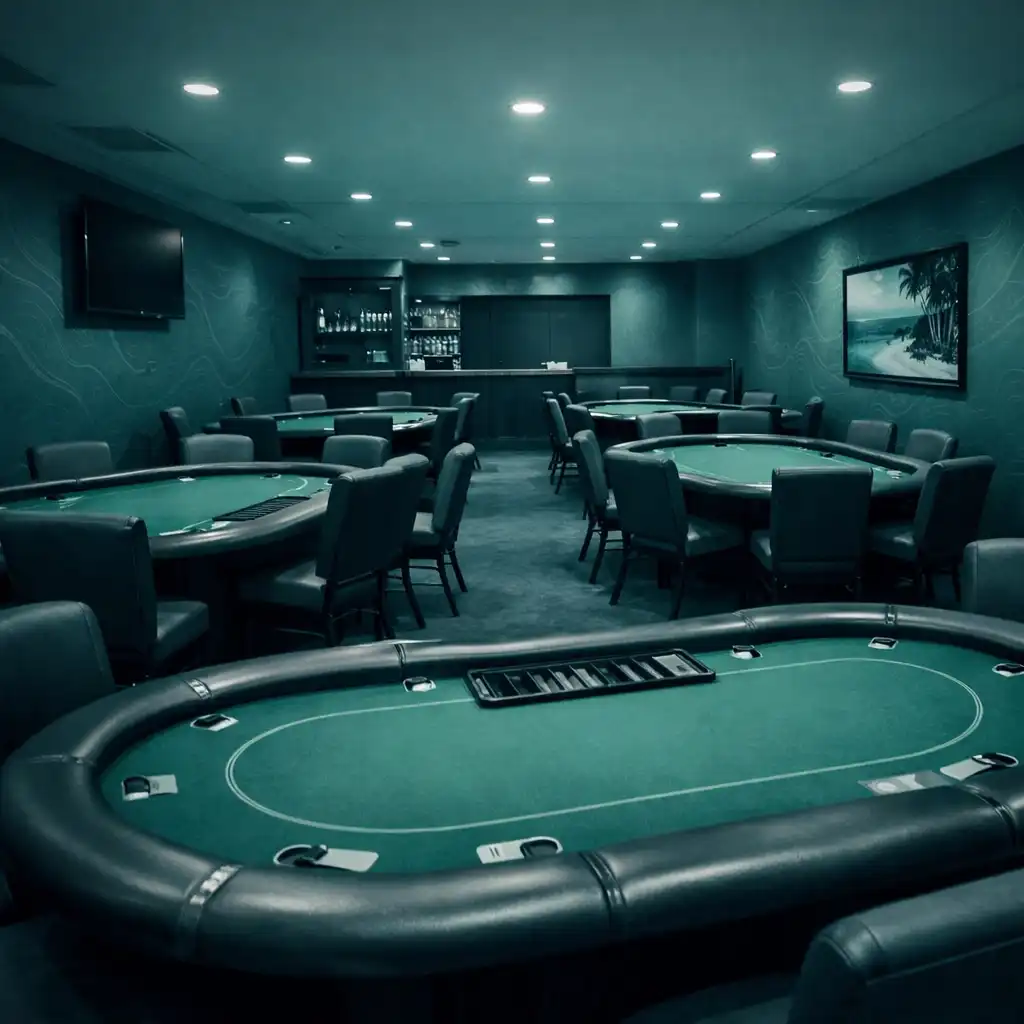Interior of the dedicated Poker Room showing multiple physical poker tables