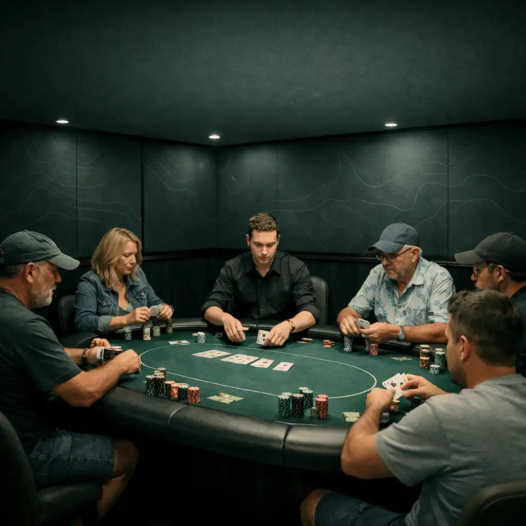 Physical poker table with players in the dedicated Poker Room at Card Quay Barrier Reef