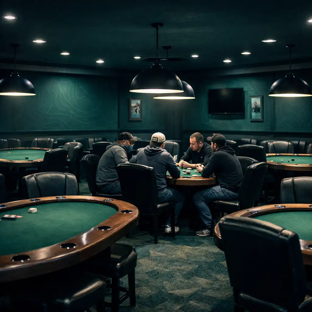 Interior of a dedicated poker room with multiple physical poker tables and focused overhead lighting