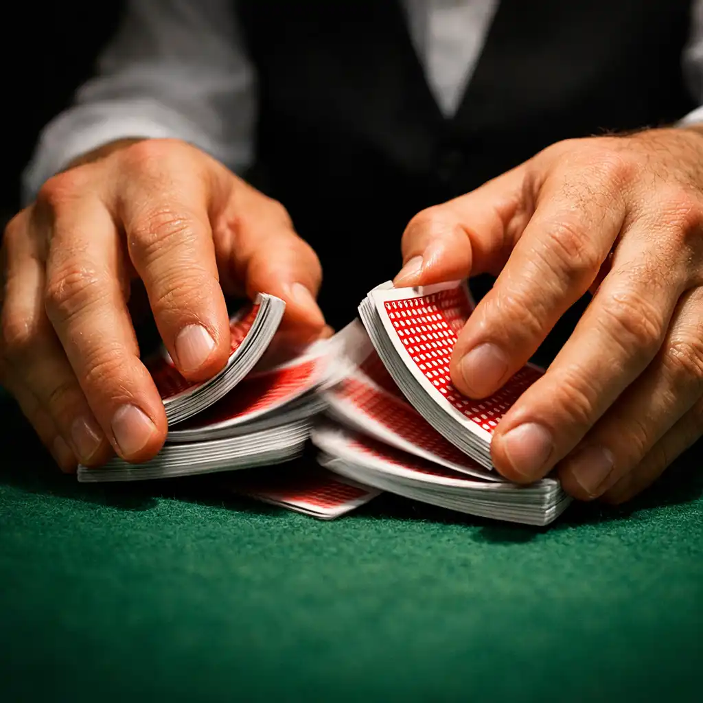 Dealer's hands shuffling a deck of playing cards on green felt
