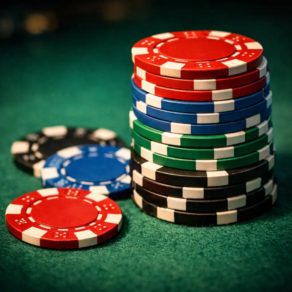 Stack of colorful poker chips on green felt with a few scattered nearby