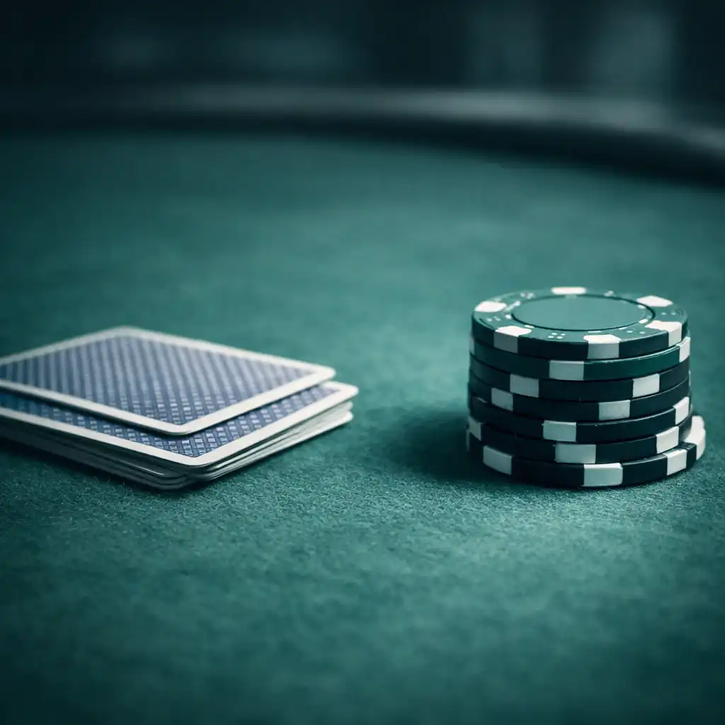 Close-up of a physical poker table with felt, playing cards, and chips