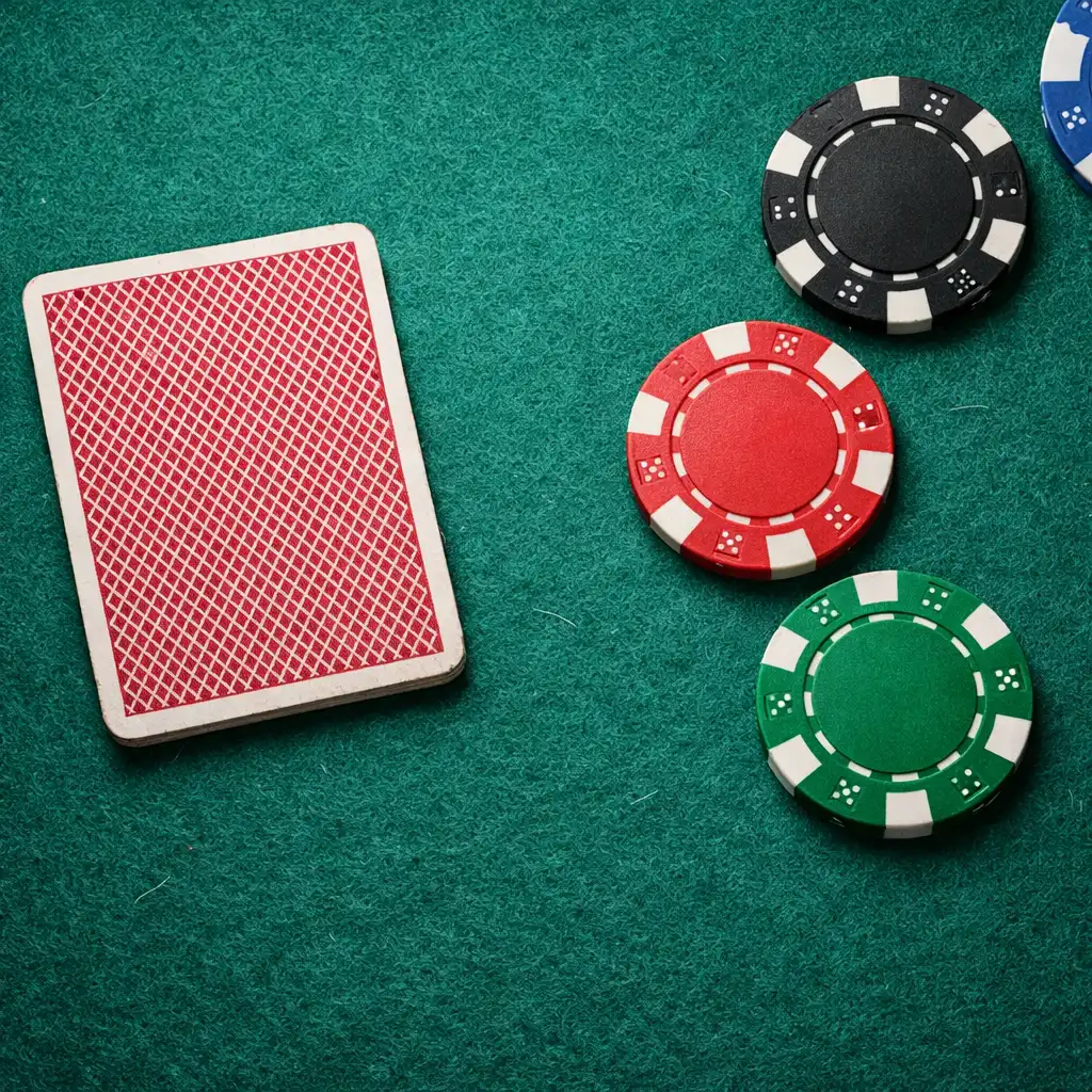 Macro view of green poker table felt with a face-down card and scattered chips