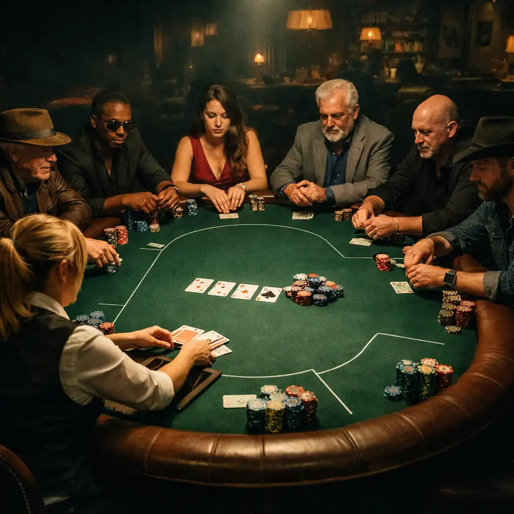 Full physical poker table with players seated around it in a dimly lit room