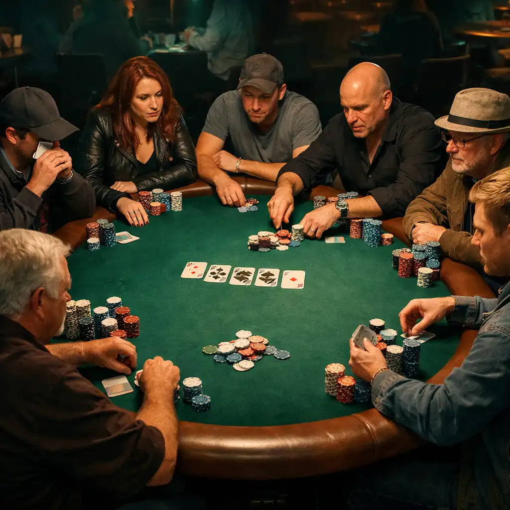 Full poker table with players, cards, and chips from a slightly elevated angle