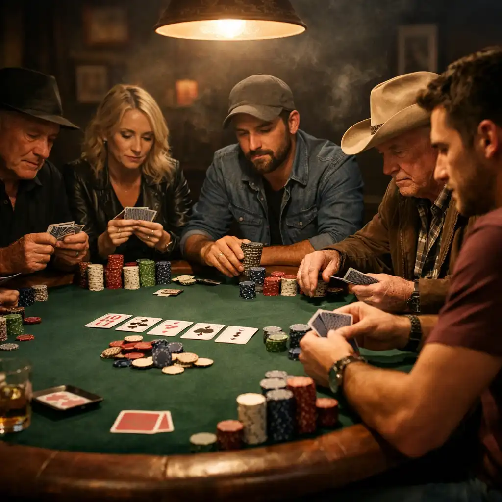 Players around a poker table in a dimly lit room, focused on their cards