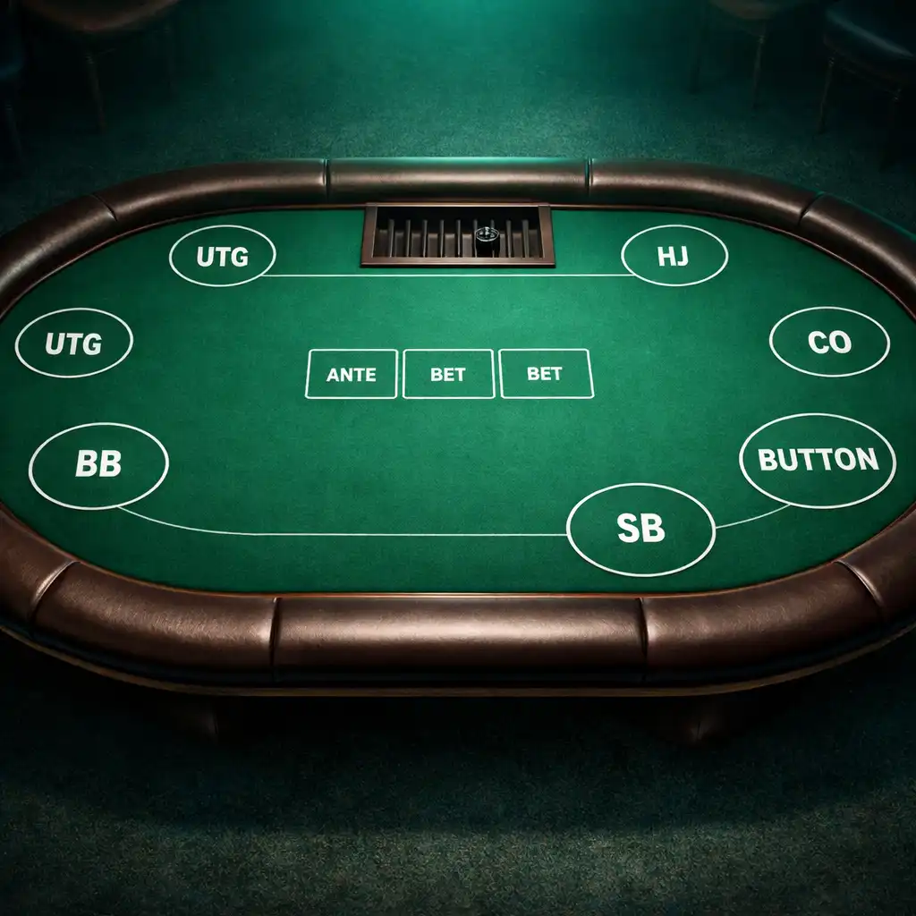 Empty poker table with visible seat position markings on the green felt