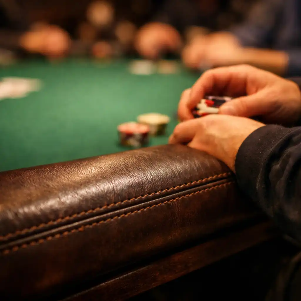 Padded brown poker table rail with a player's hands resting on it