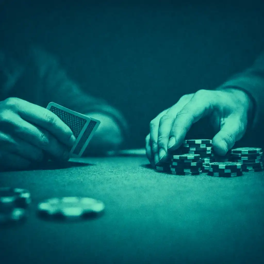 Players' hands on a poker table with cards and chips during a private game