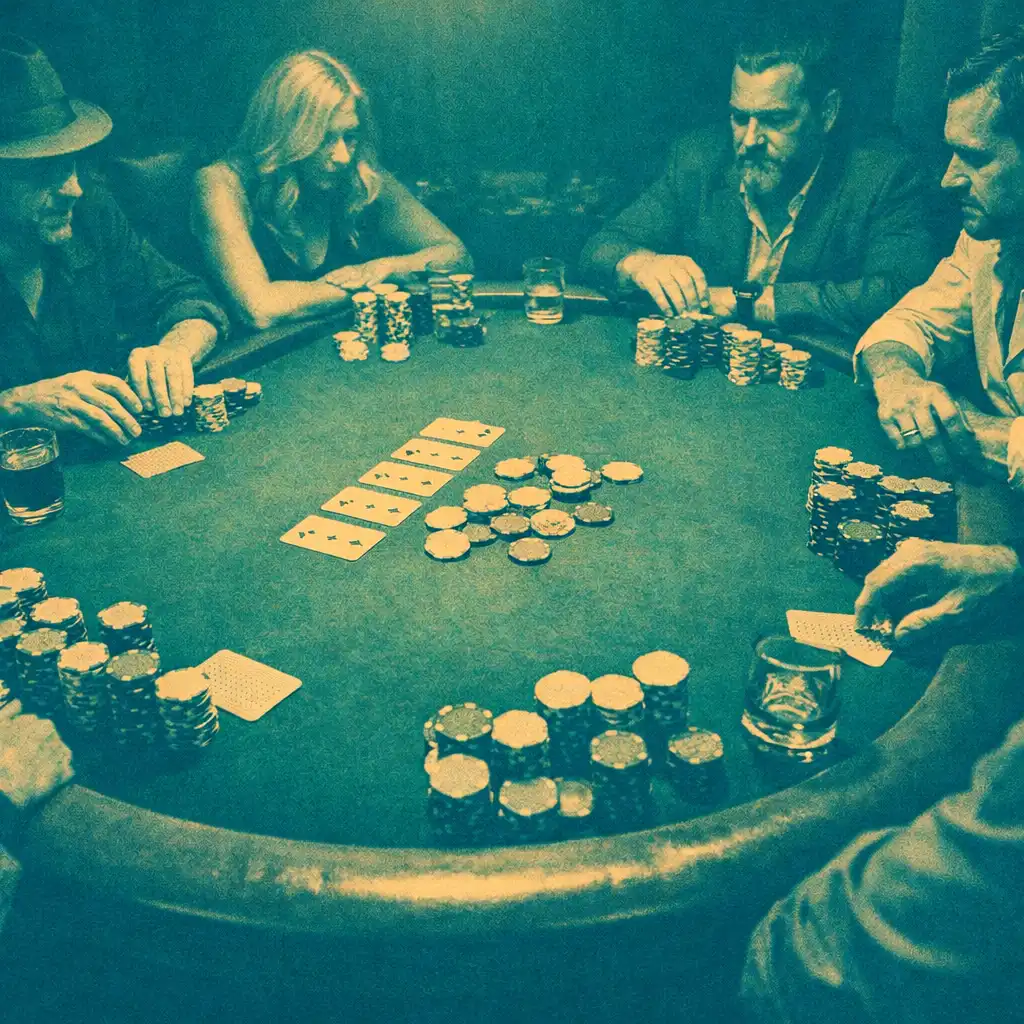 A private poker table with a group of adults focused on a face-to-face game in a dimly lit room