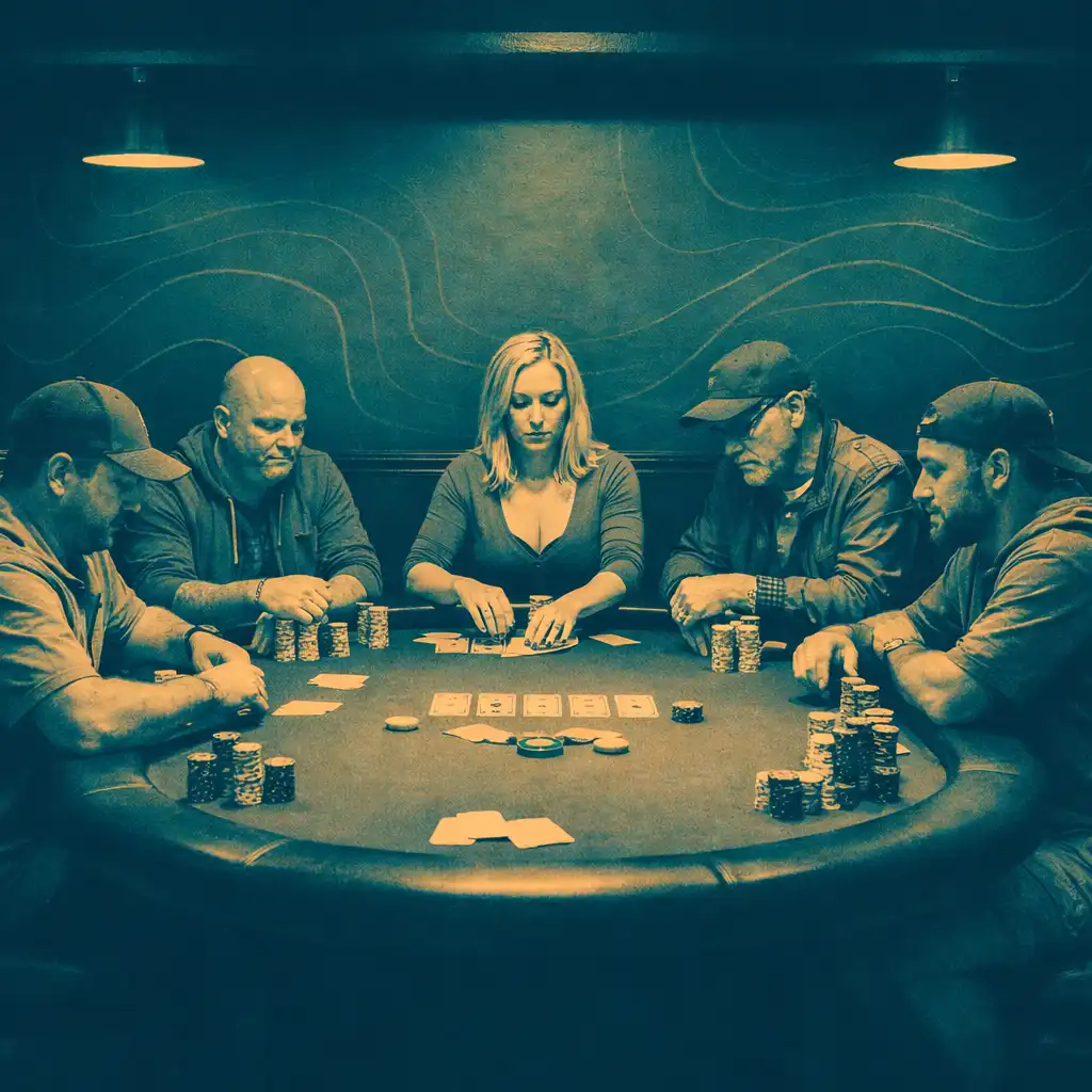 A dedicated poker room with a full physical table and six players seated around it