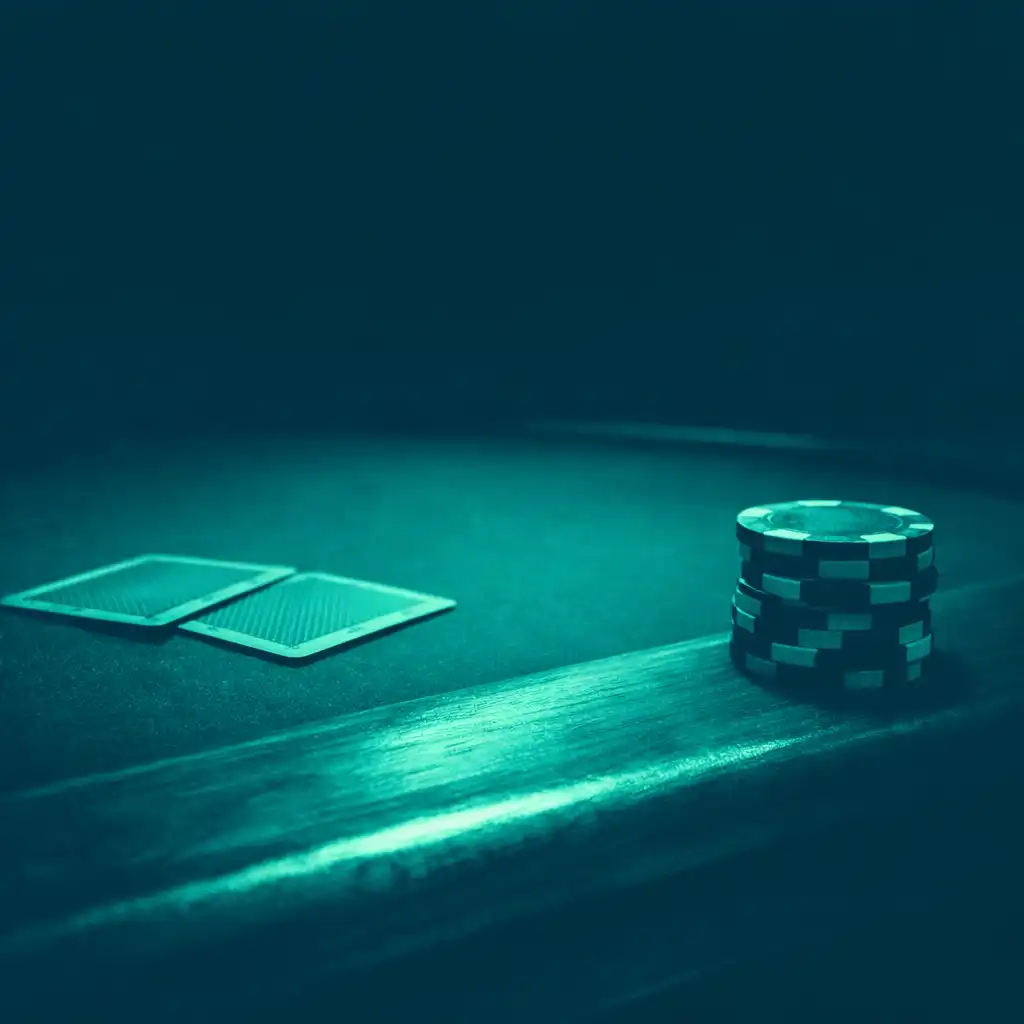 Close view of a physical poker table edge with felt, face-down cards, and a small stack of chips