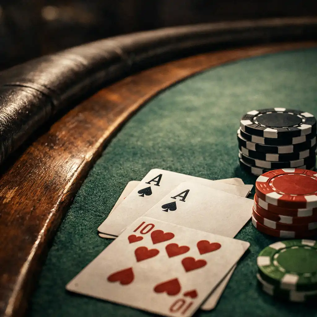 Close-up of a poker table edge showing wooden rail, green felt, playing cards, and chips